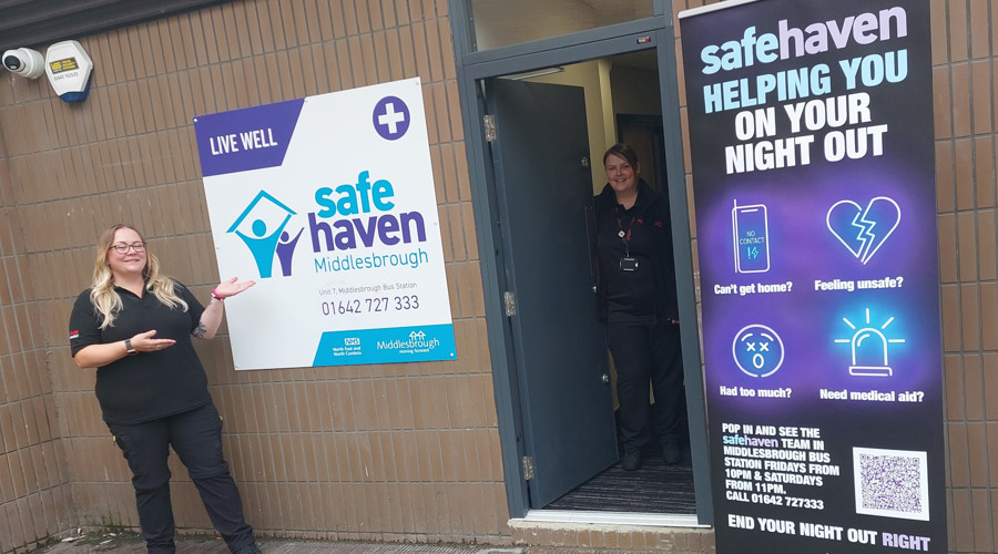 The outside of Middlesbrough bus station showing Safehaven signs