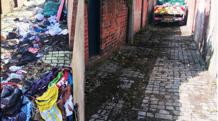 Composite image: Left is fly-tipping in the alley, right is it now after a clean up