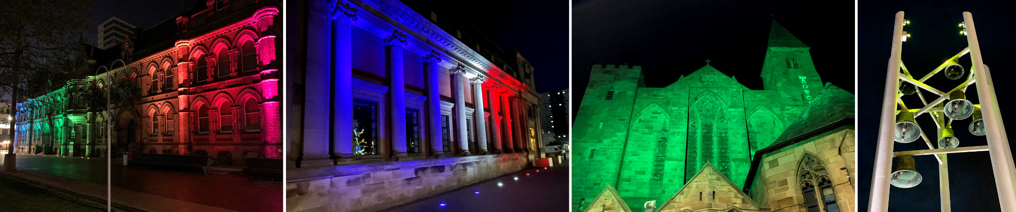 Various buildings in Middlesbrough town centre lit up in bright colours