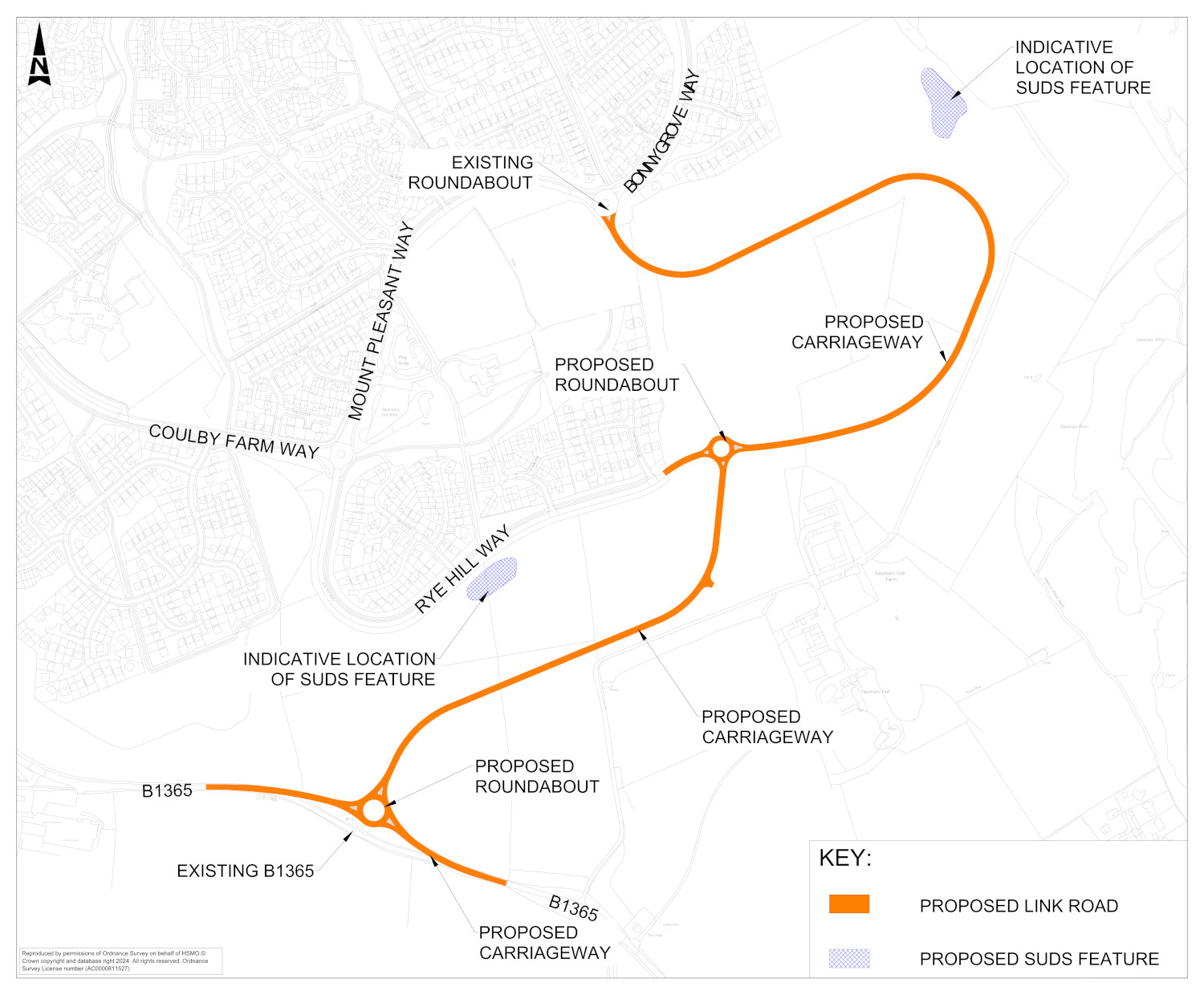 Plan of the proposed link road and SuDS linking to a larger version of the image