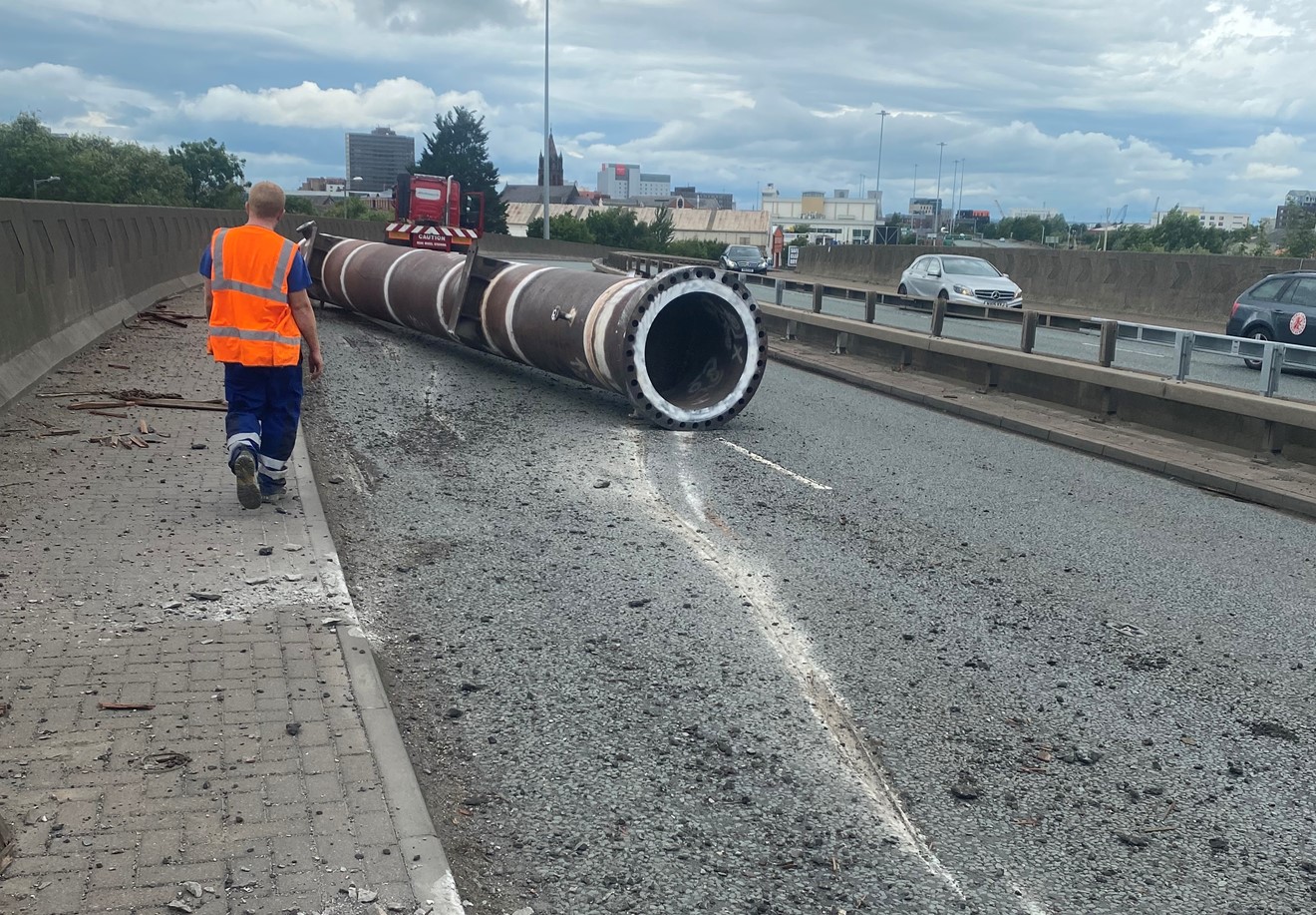 20m long steel pipe closes A66 carriageway after falling from