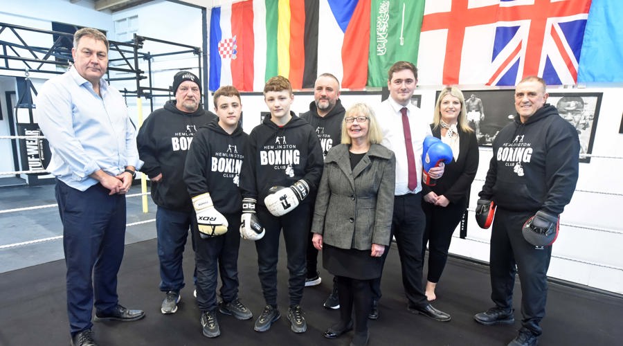 Mayor Chris Cooke and Cllr Janet Thompson with members of Hemlington Boxing Club