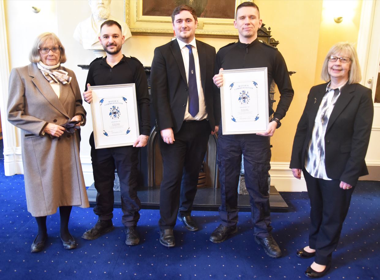 Longlands & Beechwood ward Cllr Joan McTigue who suggested the officers receive special recognition on behalf of the town, PC Tom Cannon, Middlesbrough Mayor Chris Cooke, PC Dom Taylor, Cllr Janet Thompson, Middlesbrough Council’s Executive member for Community Safety