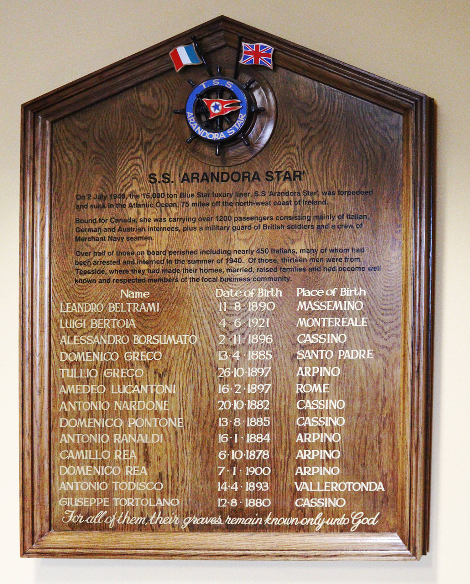 The SS Arandora Star memorial plaque in Middlesbrough Town Hall
