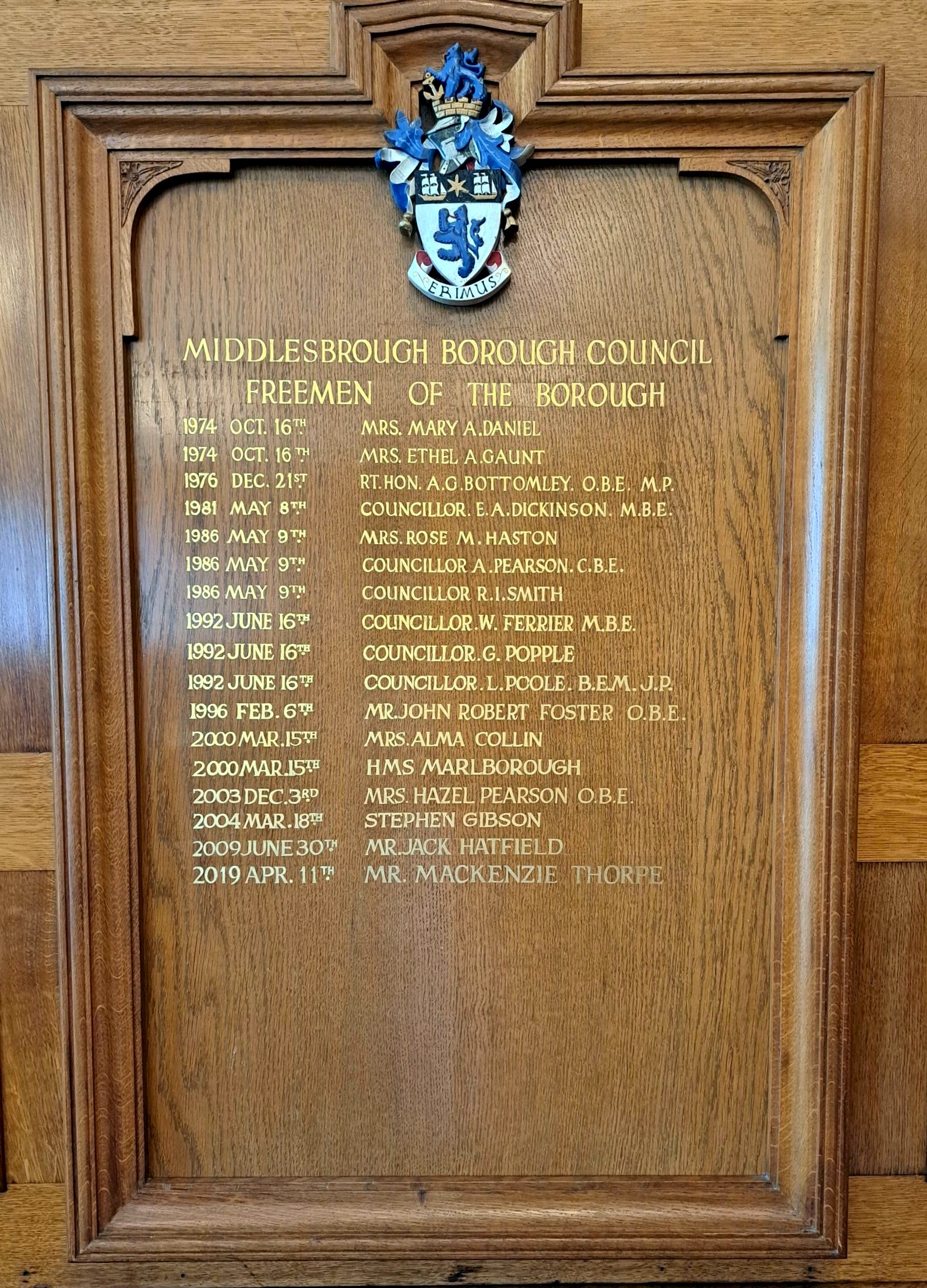 Plaque listing people awarded Freeman of the Borough by Middlesbrough Council